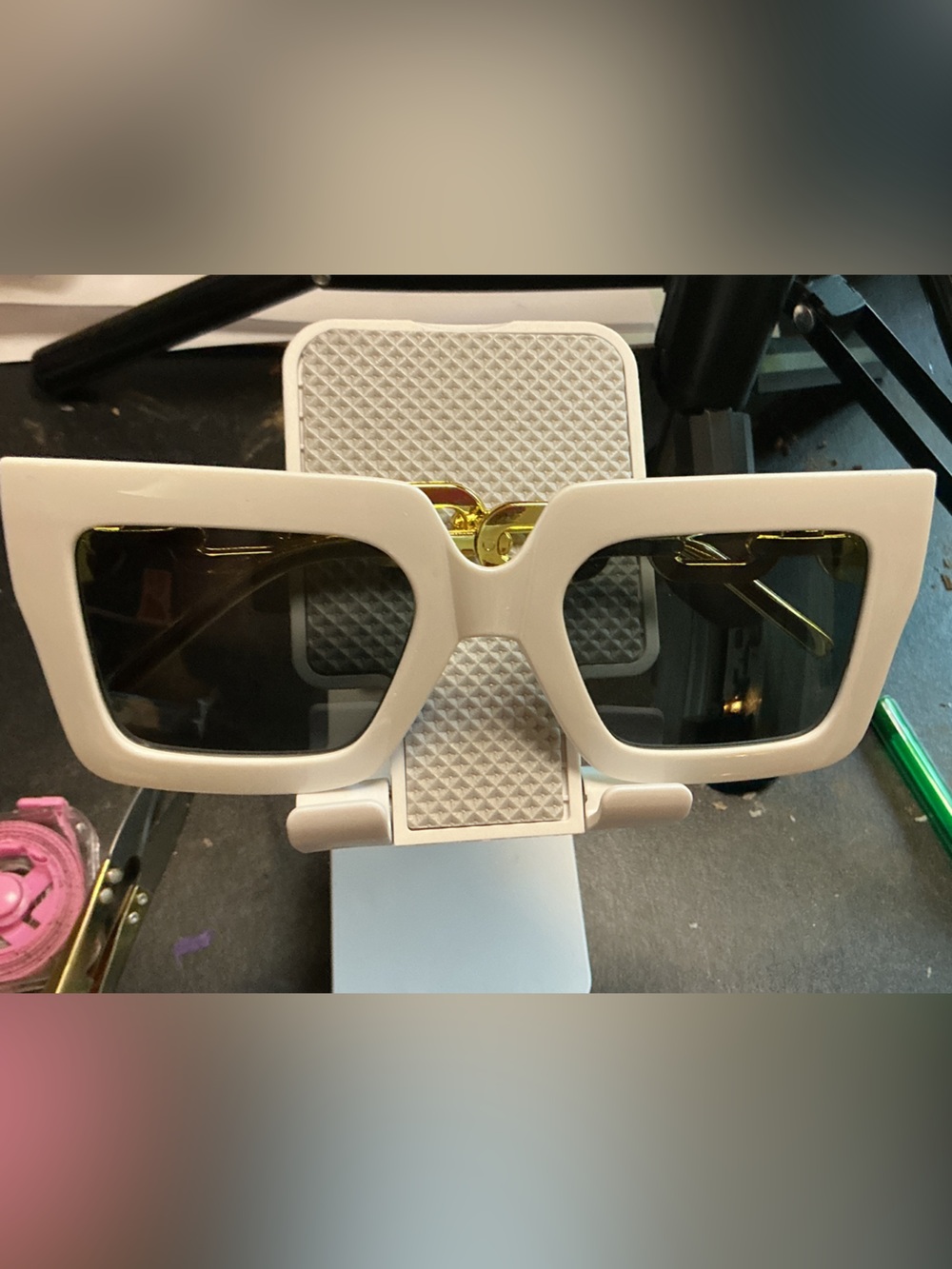 White Oversized Rectangular Sunglasses with Gold Accents